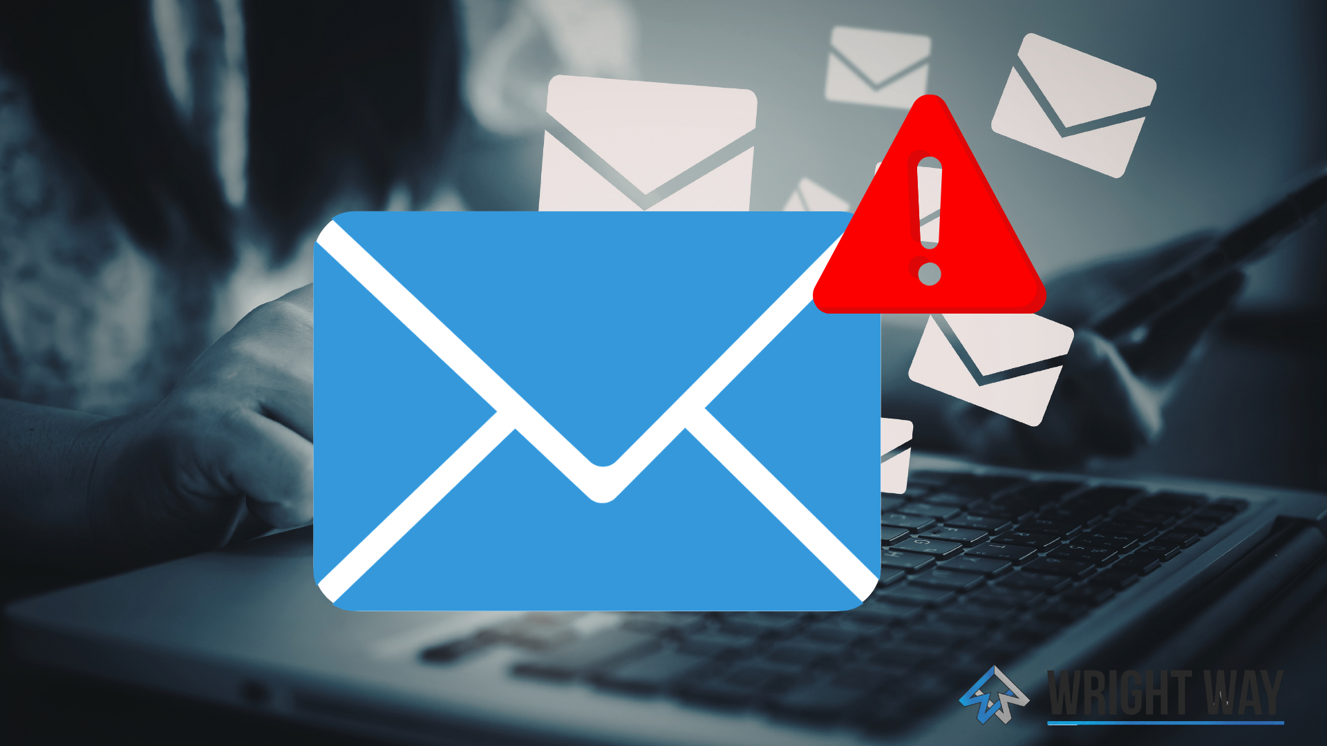 image of a mail icon with an alert by it with a computer in the background