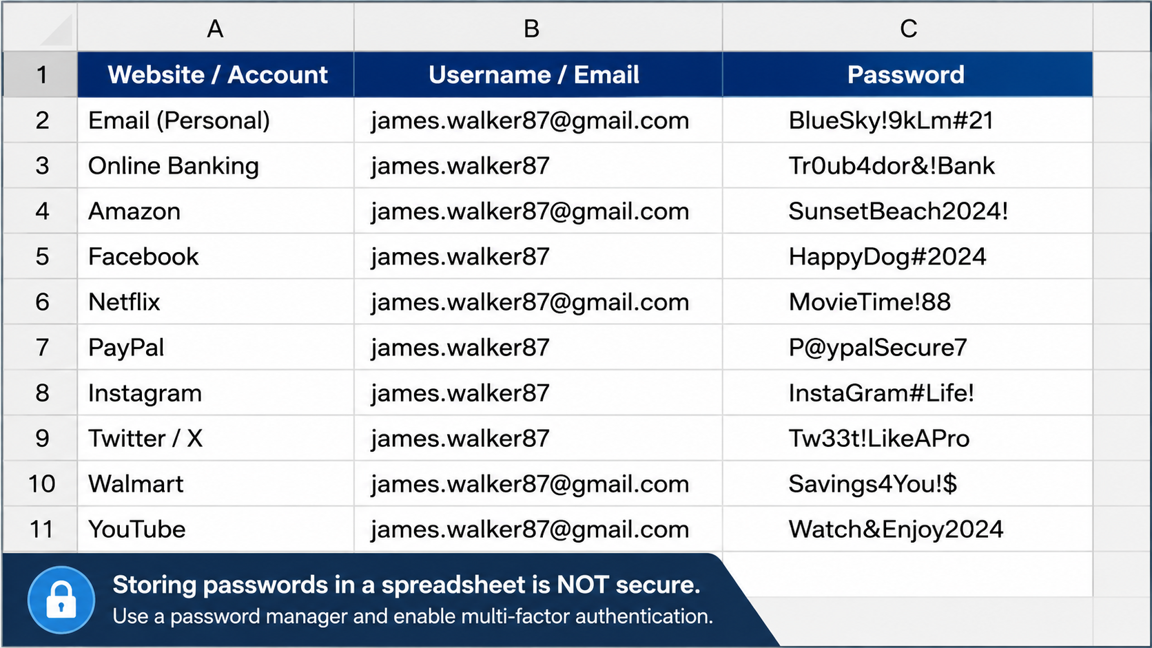 passwords and usernames shown in a spreadsheet