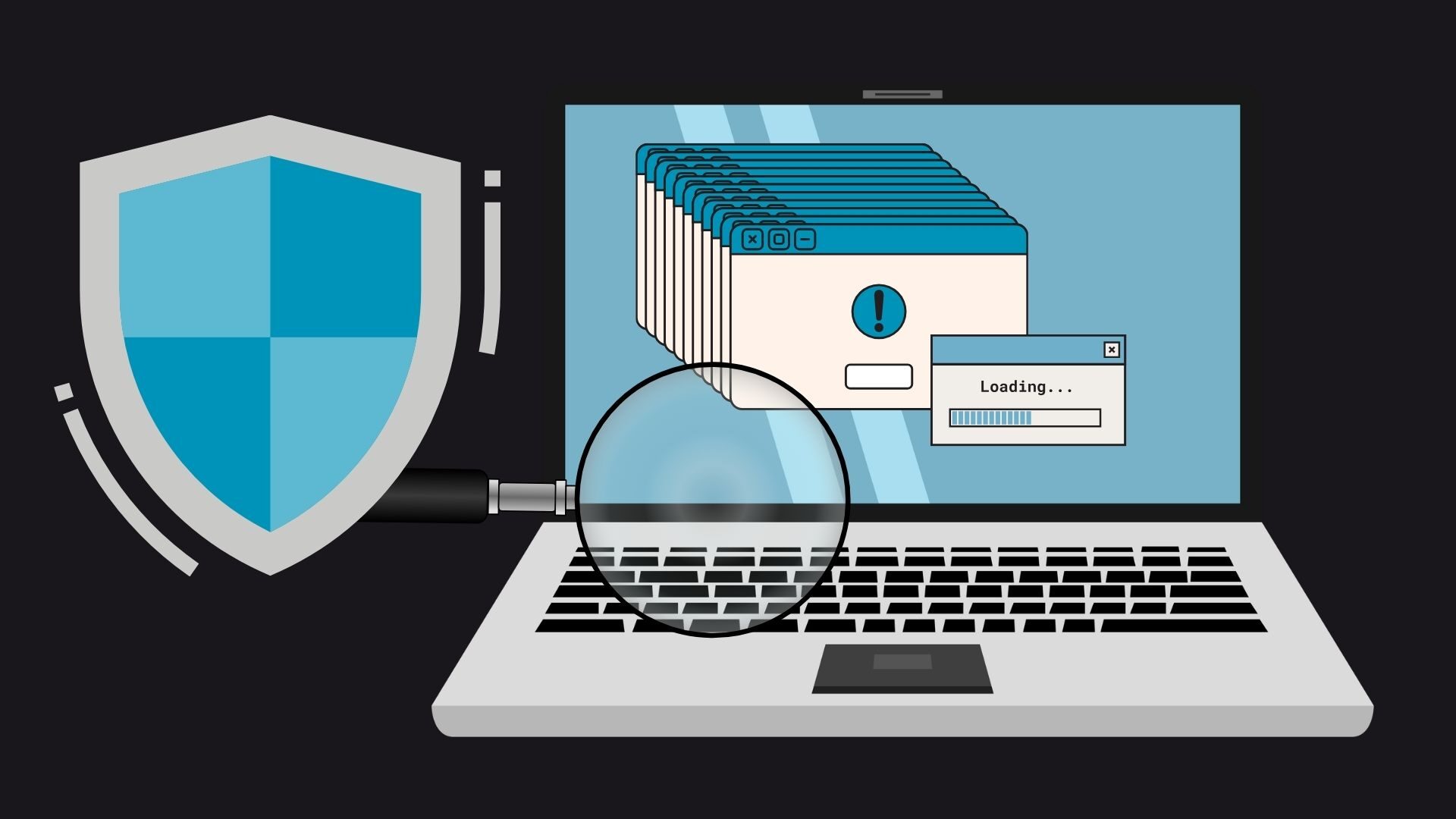 Computer with tabs open and magnifying glass and shield